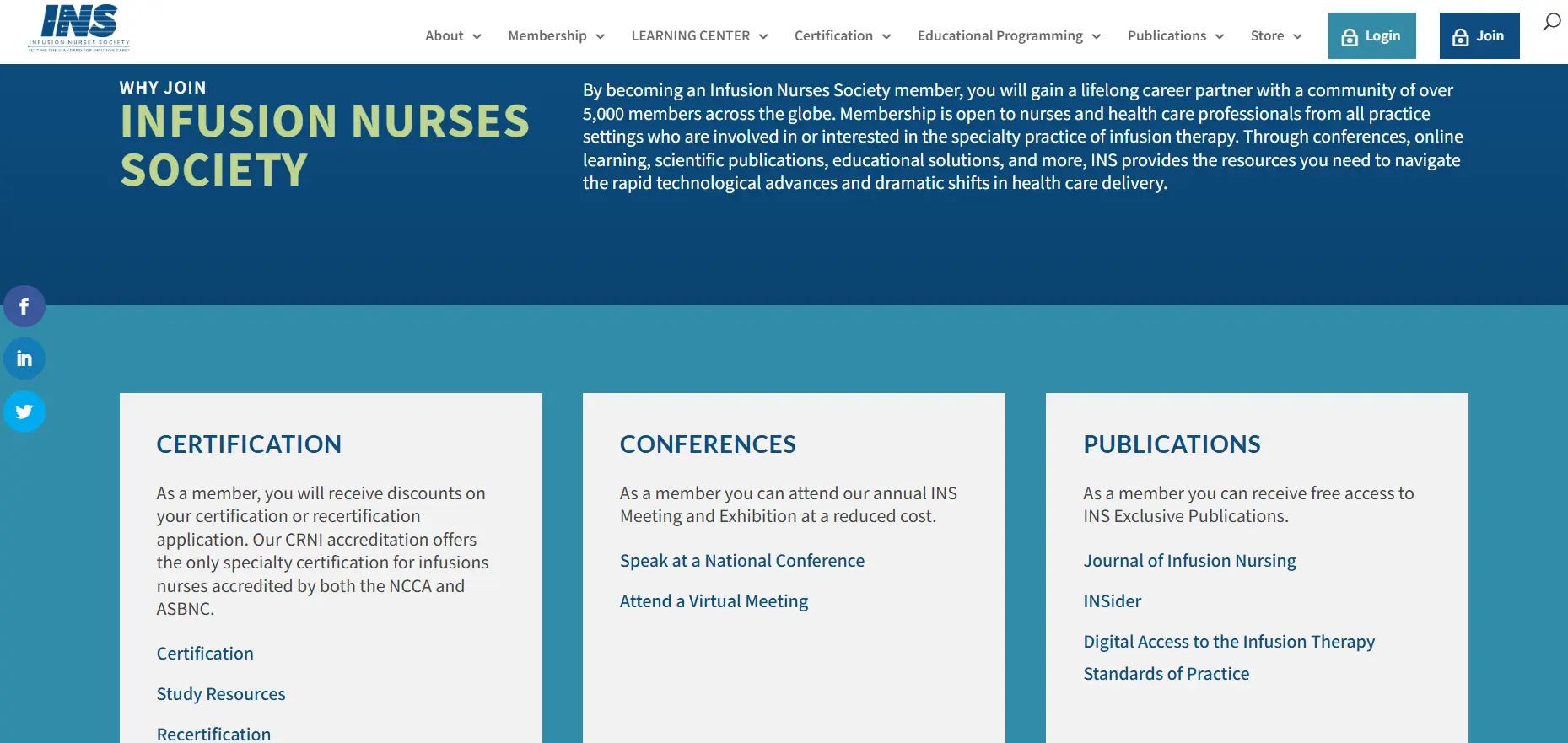 Infusion Nurses Society website showing infusion certification resources