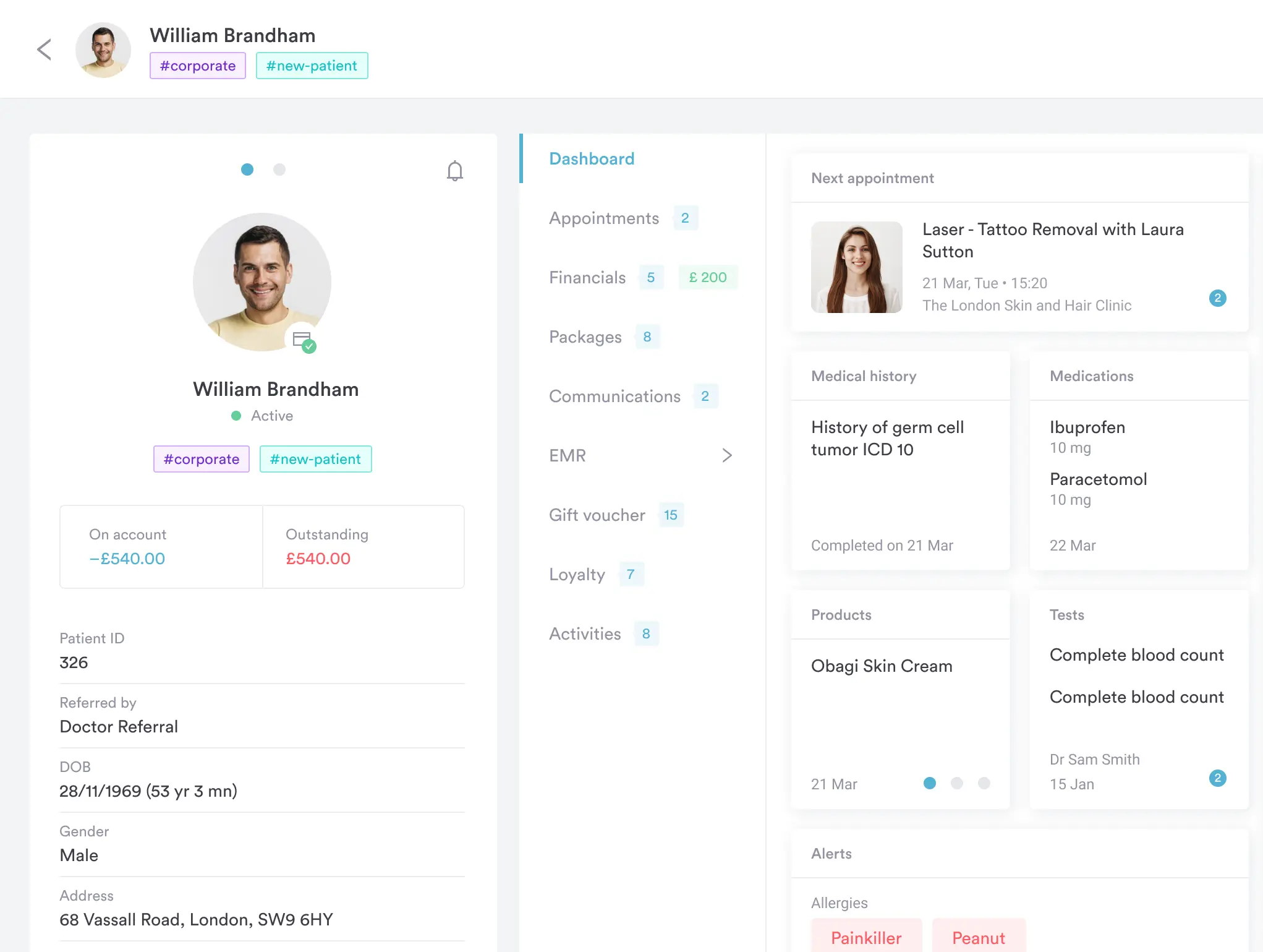 Pabau client record showing a patient's personal information, appointments, medical history, medications and billing details on a single screen