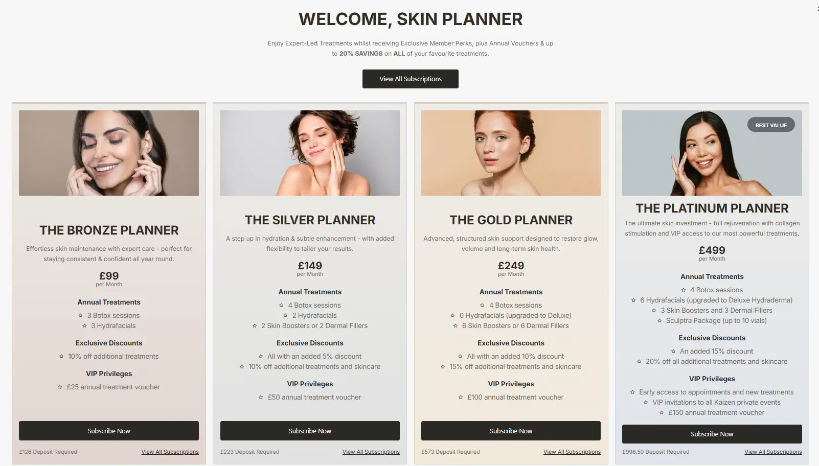 Screenshot of Kaizen Medical membership plans with treatments, discounts and VIP rewards