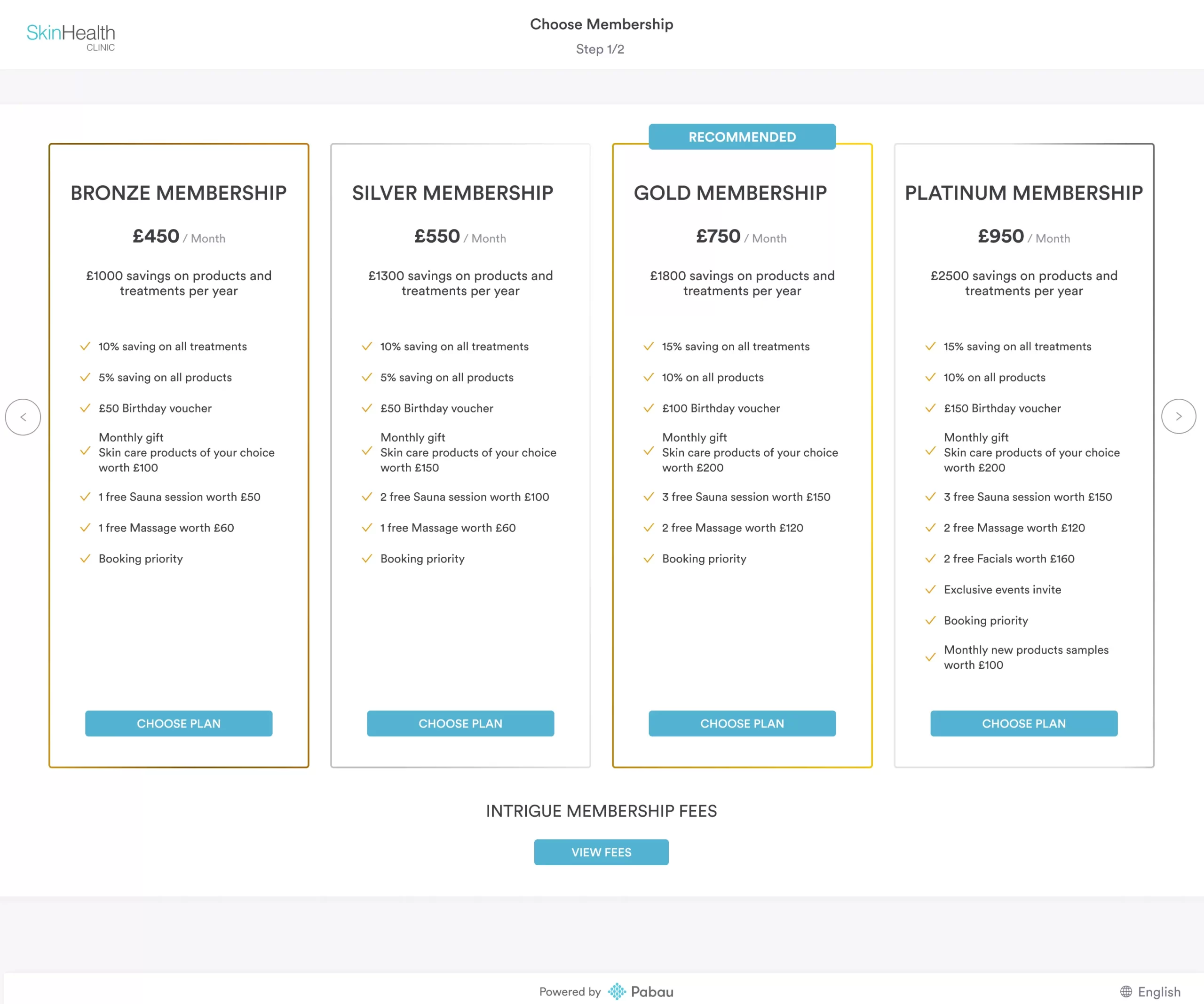 Pabau online booking page showing four membership tiers with monthly prices, savings and benefits