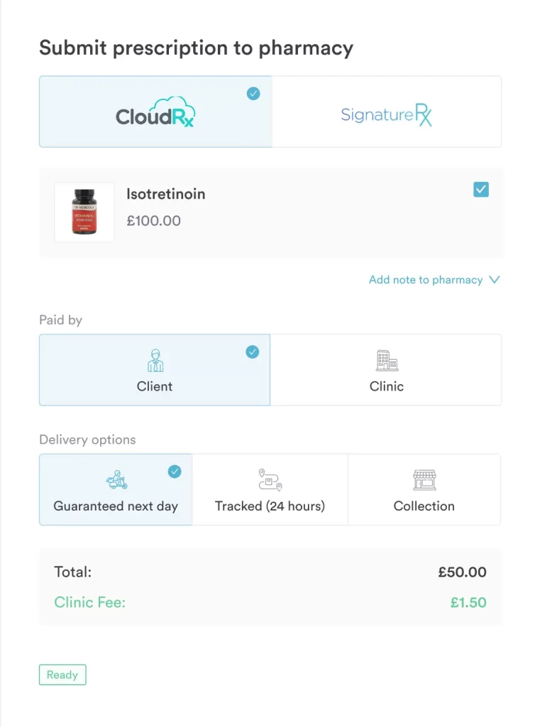 Screenshot of submitting a prescription through Pabau with Cloud Rx