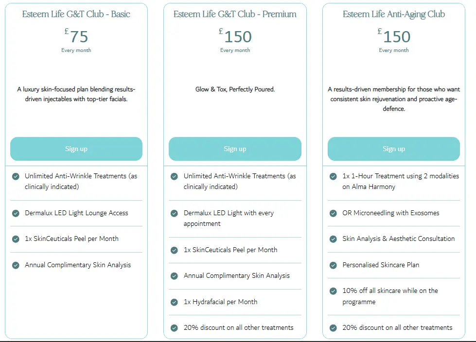 Screenshot of three Esteem Life membership tiers with prices and monthly treatment perks