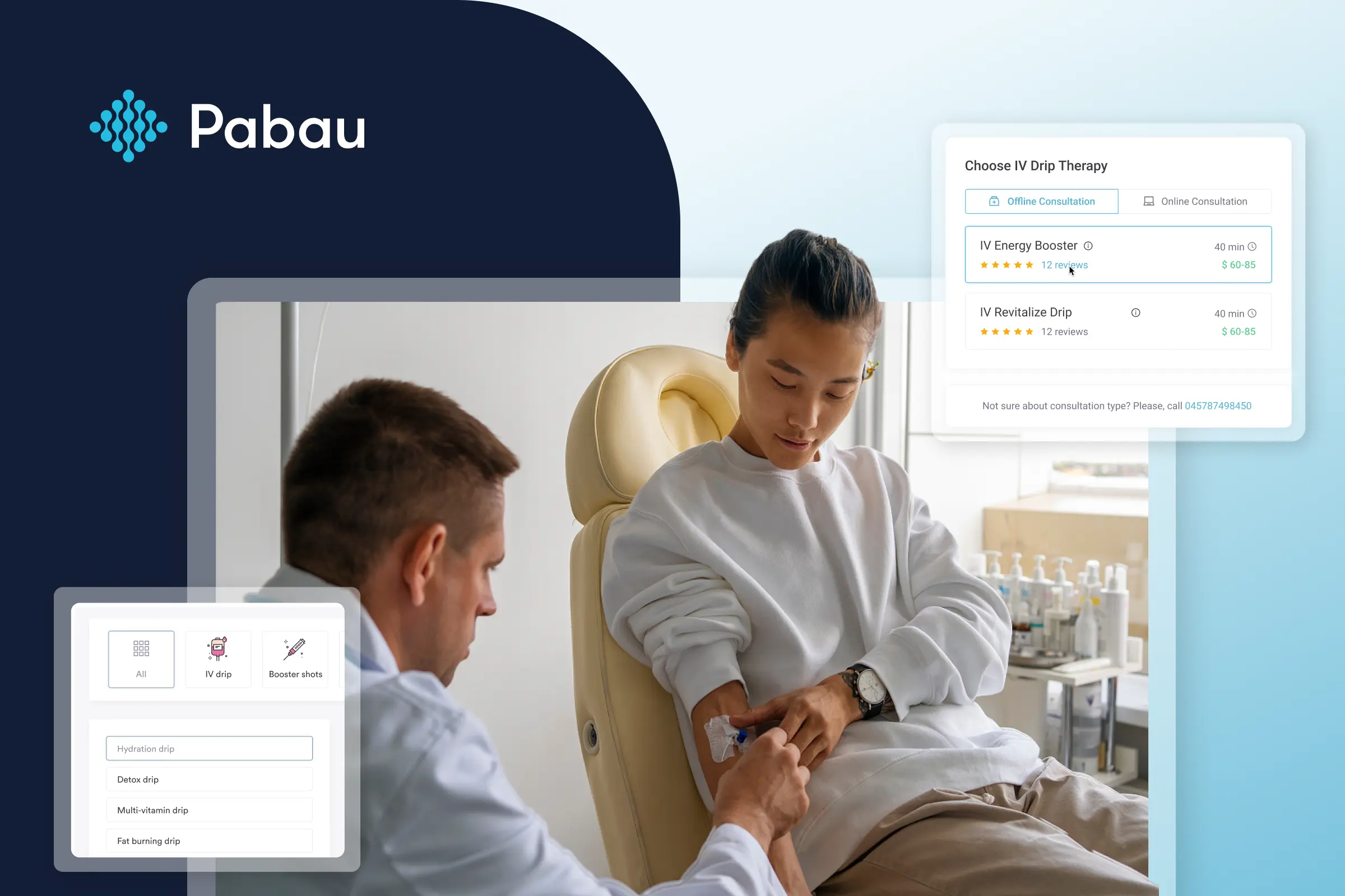 Nurse administering an IV hydration drip next to an online booking screen listing drip options