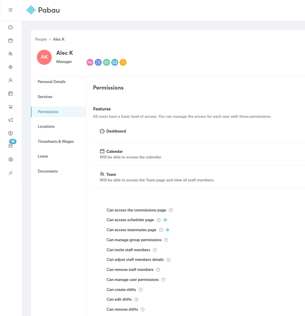 Staff permissions screen in Pabau showing per-user access controls