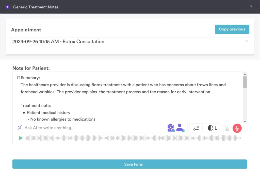 Pabau Echo AI clinical documentation interface demonstrating automated note generation with structured SOAP format for mental health therapy sessions