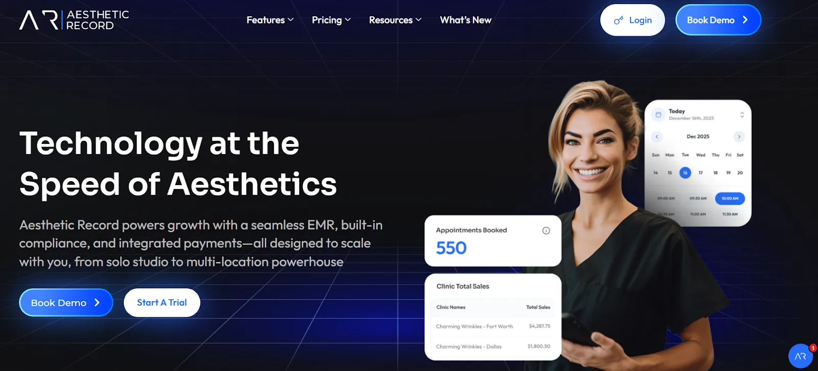 Aesthetic Record homepage presenting its EMR and practice management software for aesthetic practices