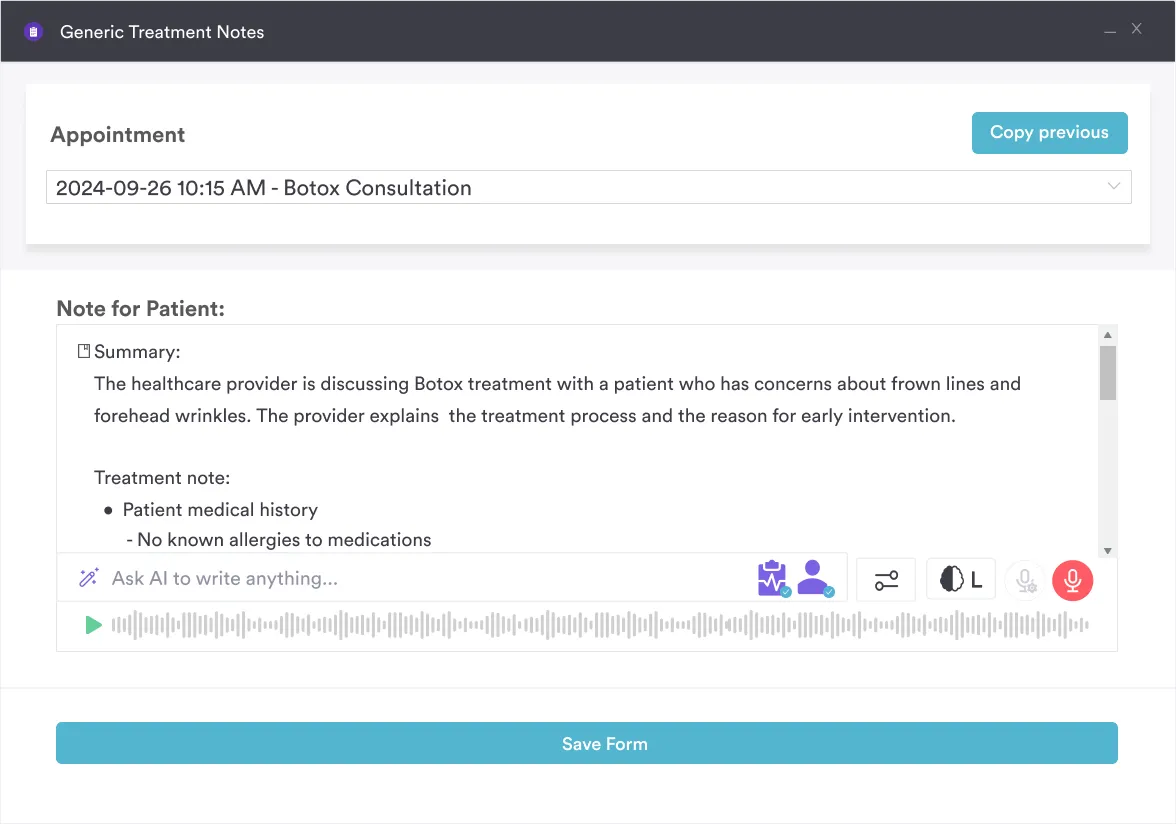 Pabau's treatment notes feature showing a documented Botox consultation