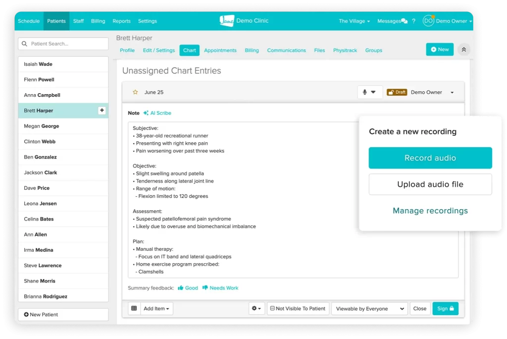 Jane App charts and templates