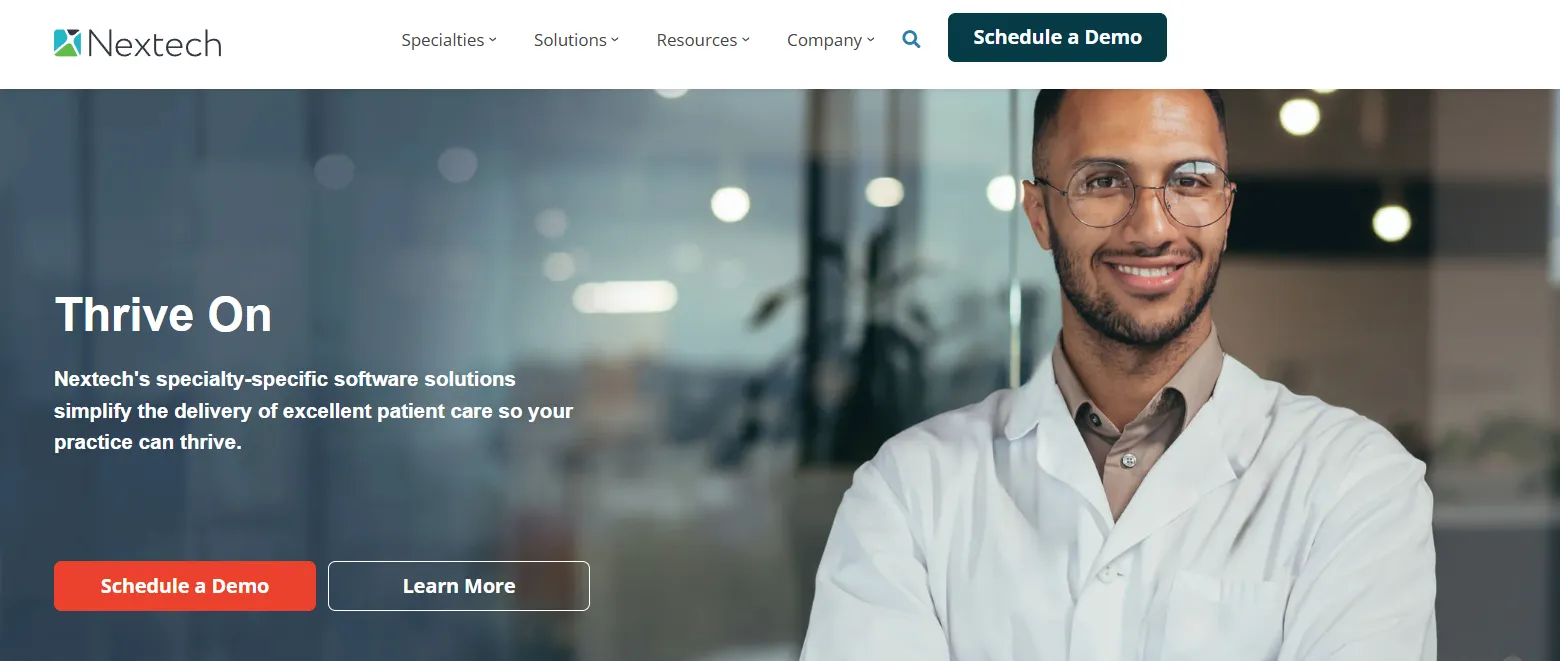 Nextech homepage presenting its specialty EHR and practice management software for surgical and specialty practices