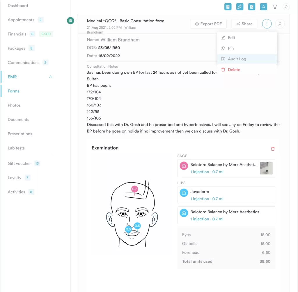 Image of Pabau's forms in the dashboard