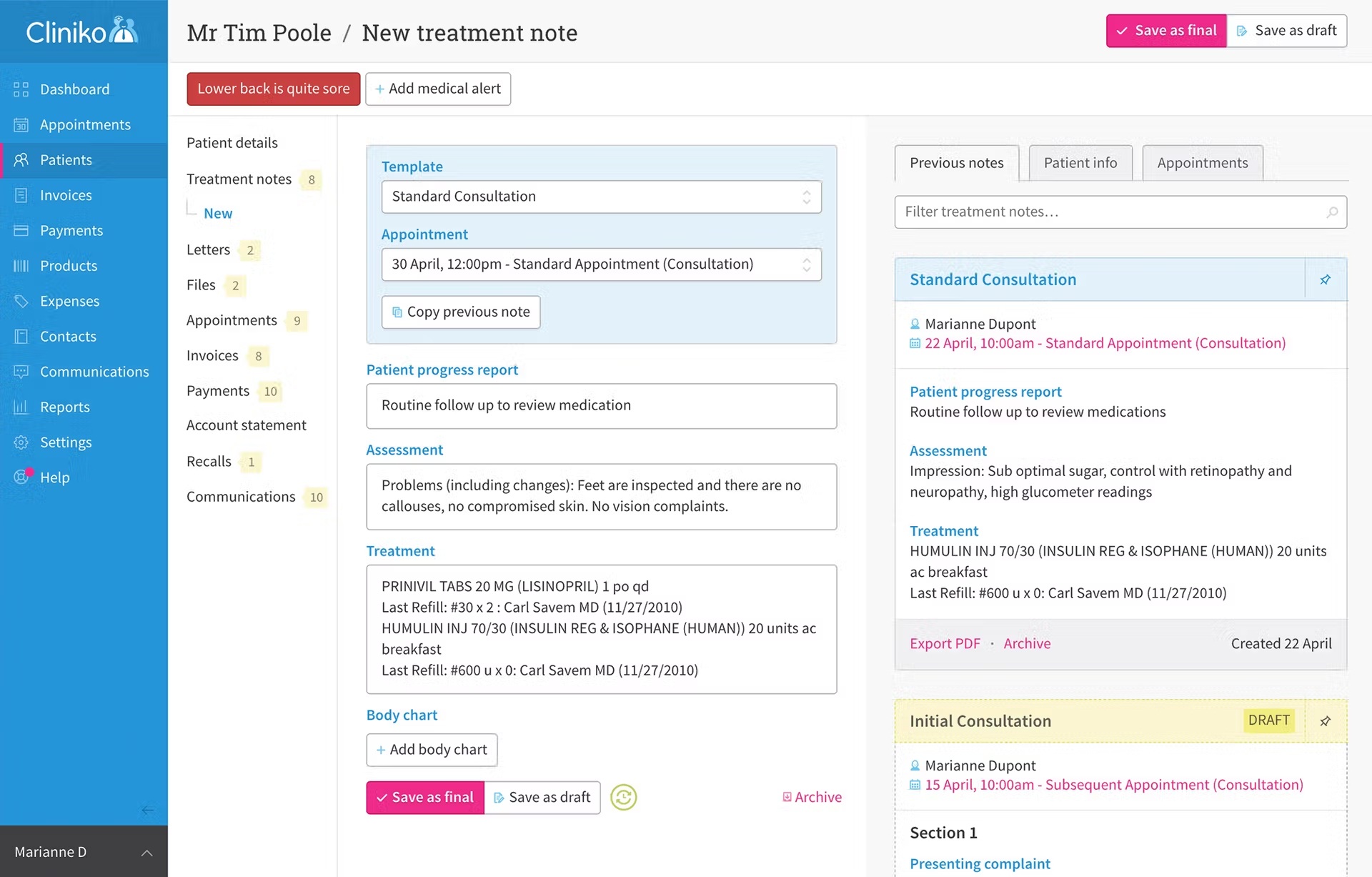Cliniko health records interface showing clinical notes and patient documentation for allied health practitioners