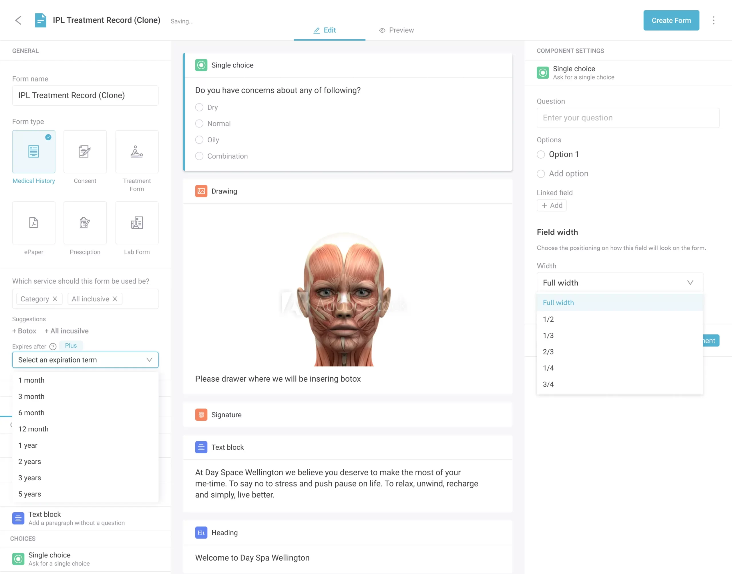 Building a custom medical form from components in Pabau