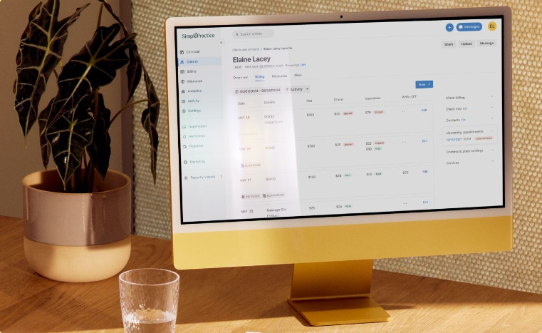 SimplePractice billing and payments interface showing insurance claims and payment processing for mental health practices