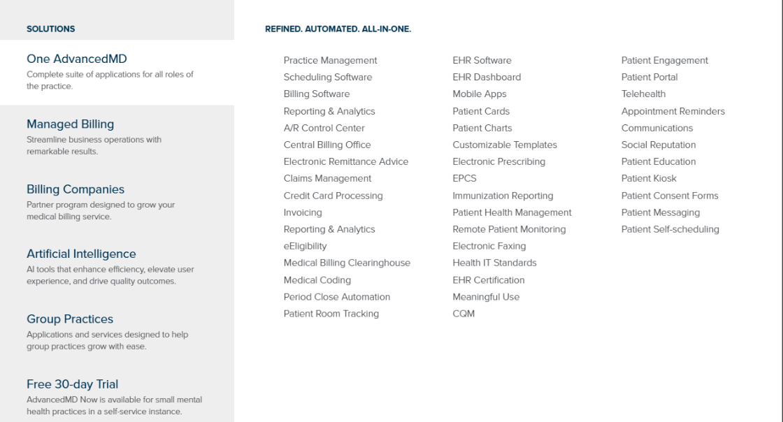 AdvancedMD features interface showing revenue cycle management tools