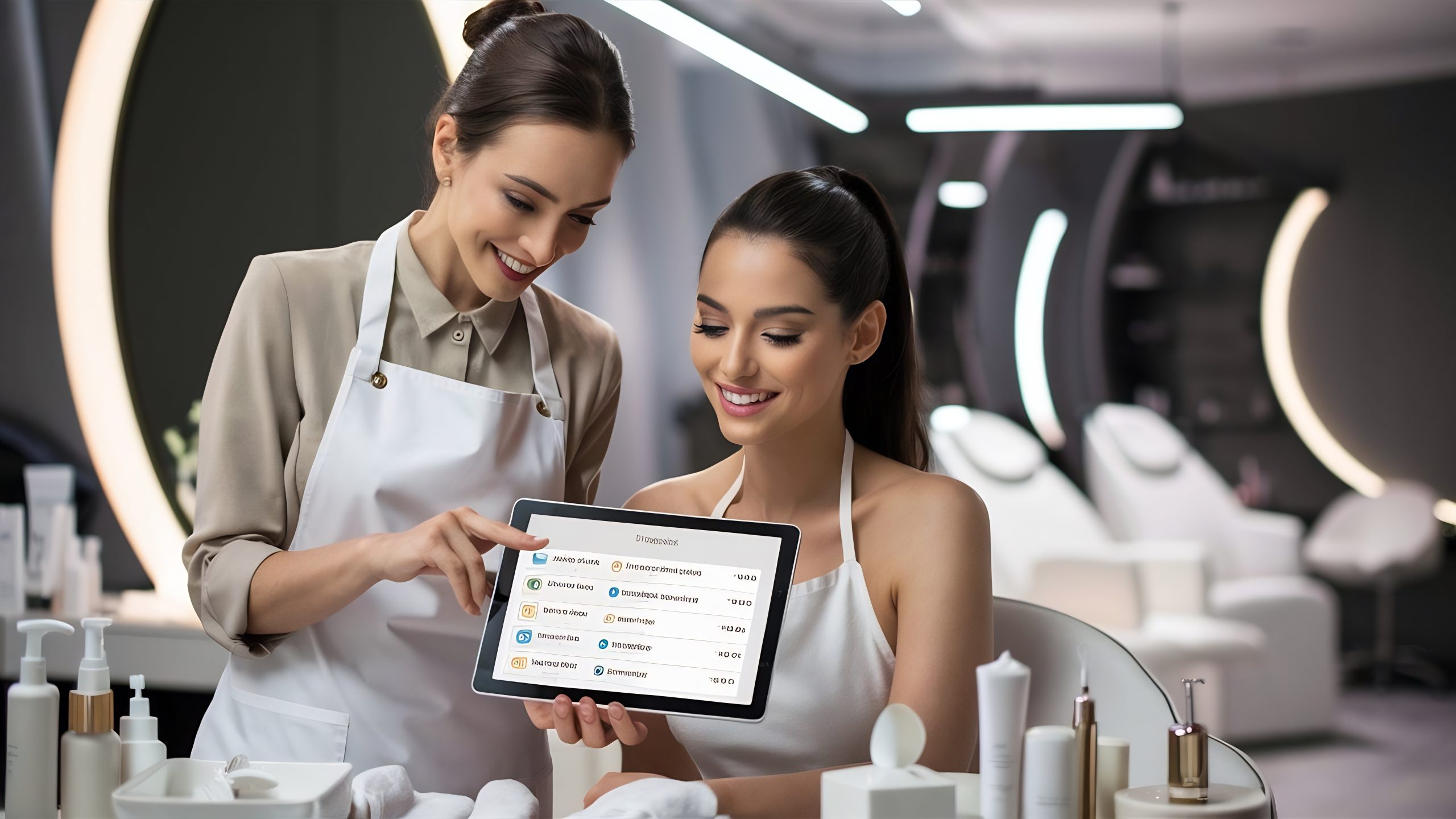 Salon professional showing a tablet to a seated client on the salon floor