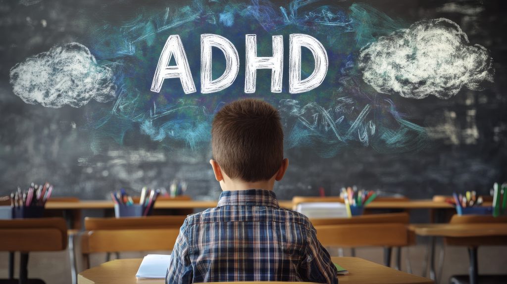 Child seated in a classroom facing an ADHD chalkboard