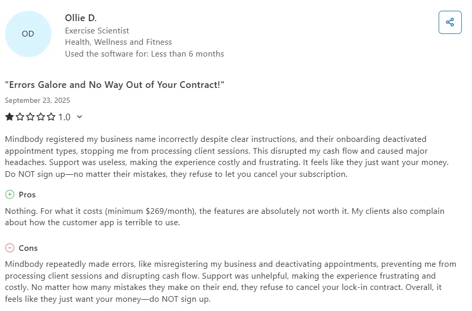 Mindbody negative review