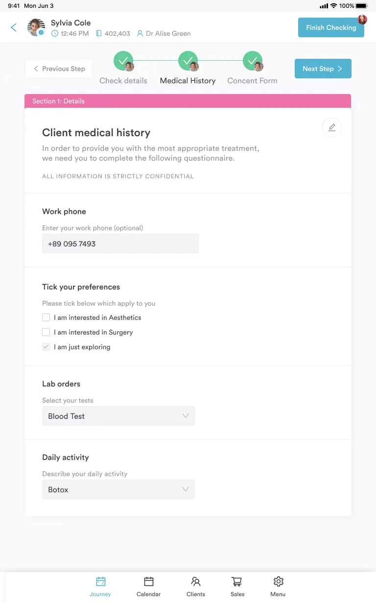 Pabau client medical history questionnaire on a tablet