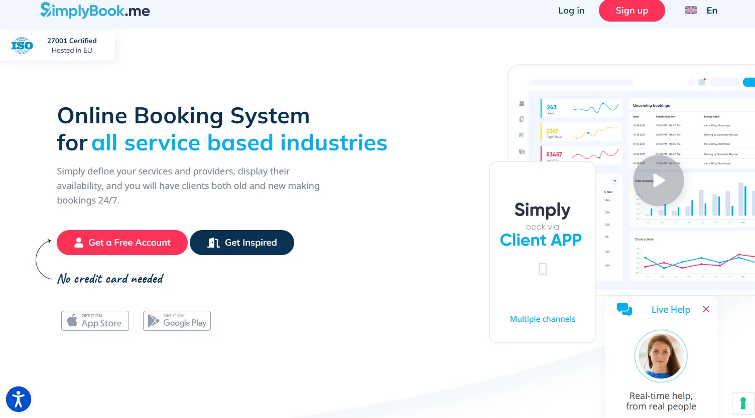 SimplyBook.me homepage describing an online booking system for all service-based industries