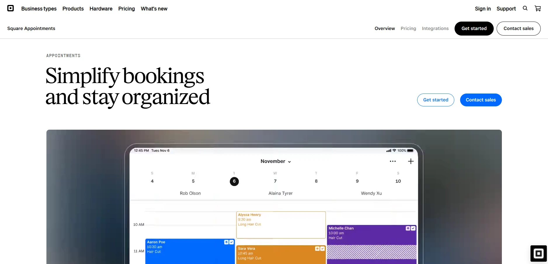 Square Appointments homepage showing a tablet calendar with appointments for three staff members