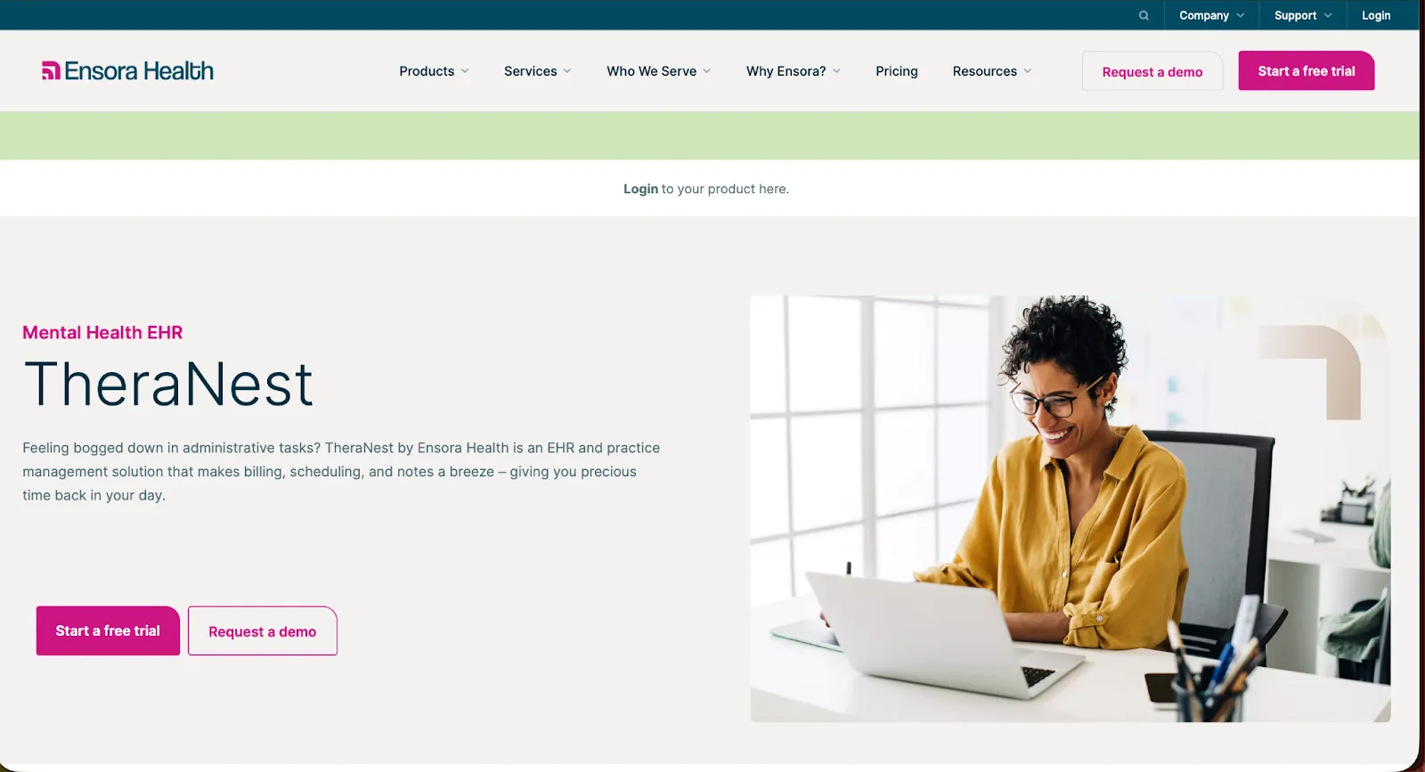 TheraNest mental health EHR homepage from Ensora Health