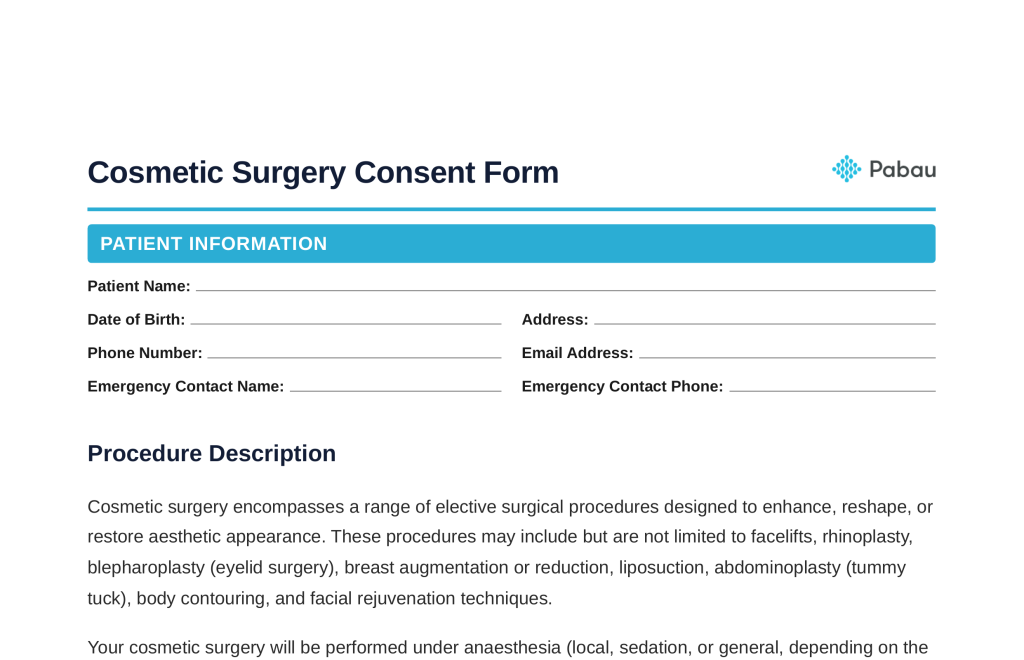 Cosmetic surgery consent form template preview
