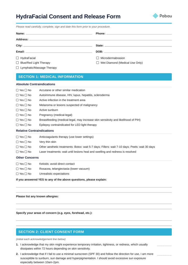 HydraFacial consent form template preview showing patient information fields, medical screening checkboxes, and signature blocks