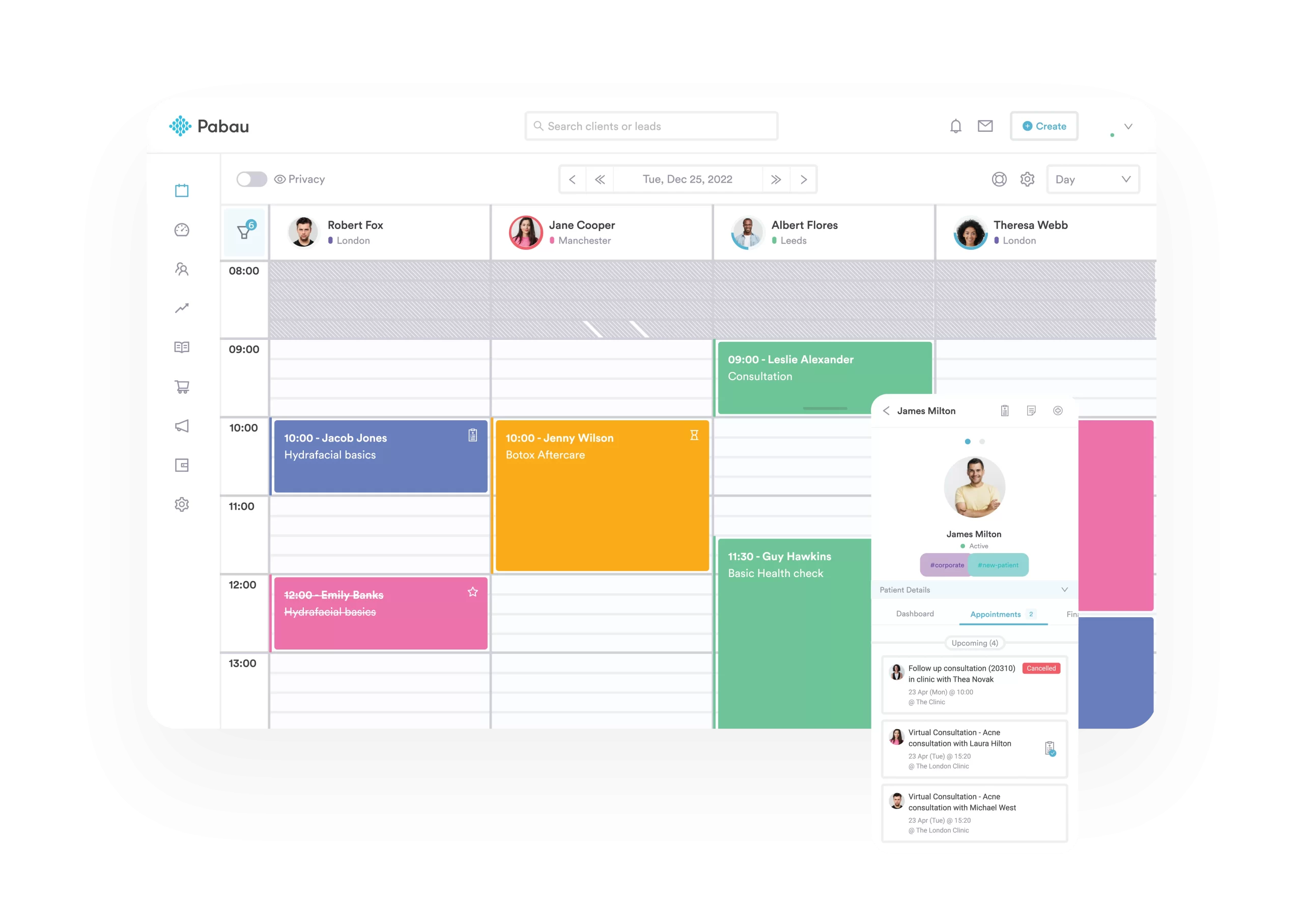 Pabau calendar showing a clinic day view with client appointments and a client record open alongside