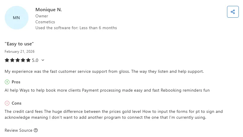 Screenshot of GlossGenius review on Capterra