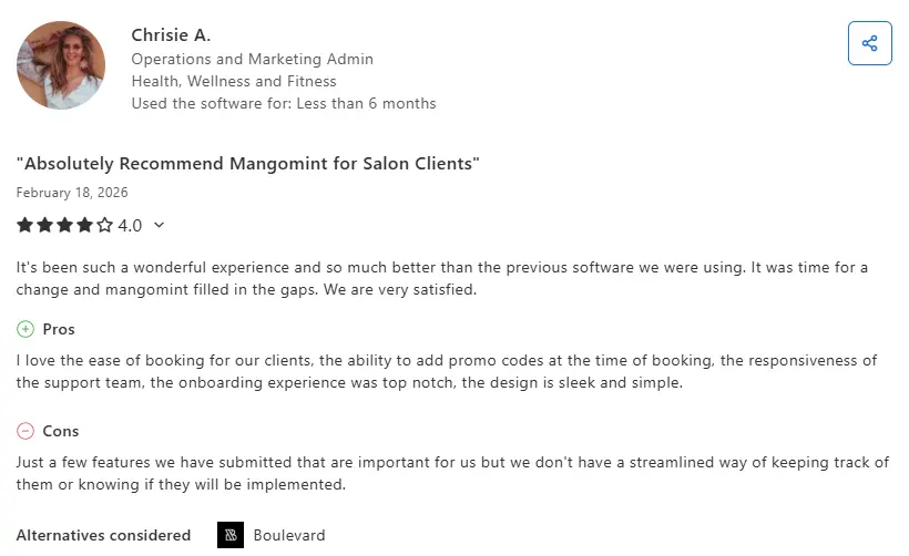Screenshot of Mangomint review on Capterra
