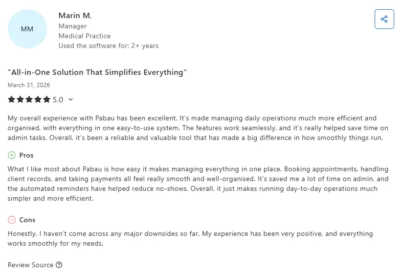 Screenshot of Pabau review on Capterra