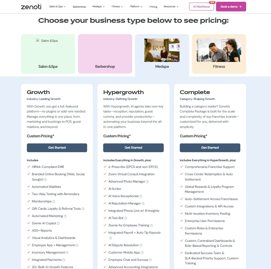 Zenoti pricing page