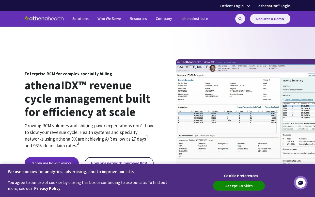 athenahealth athenalDX revenue cycle management platform showing enterprise RCM billing and claims processing at scale