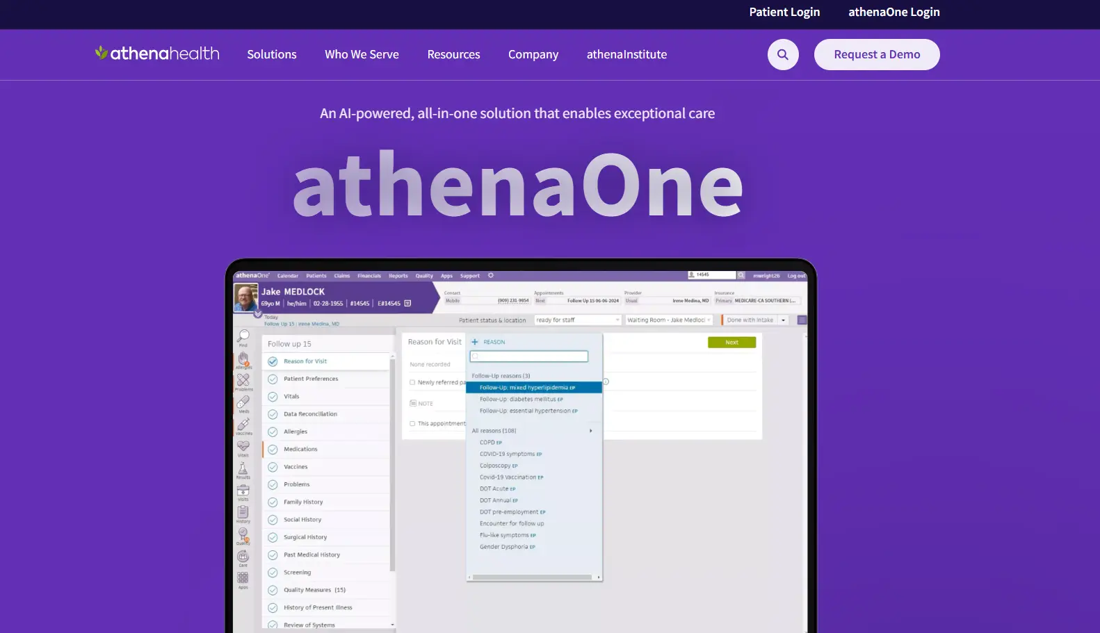 athenaOne patient encounter screen showing a follow-up visit checklist and reason-for-visit picker