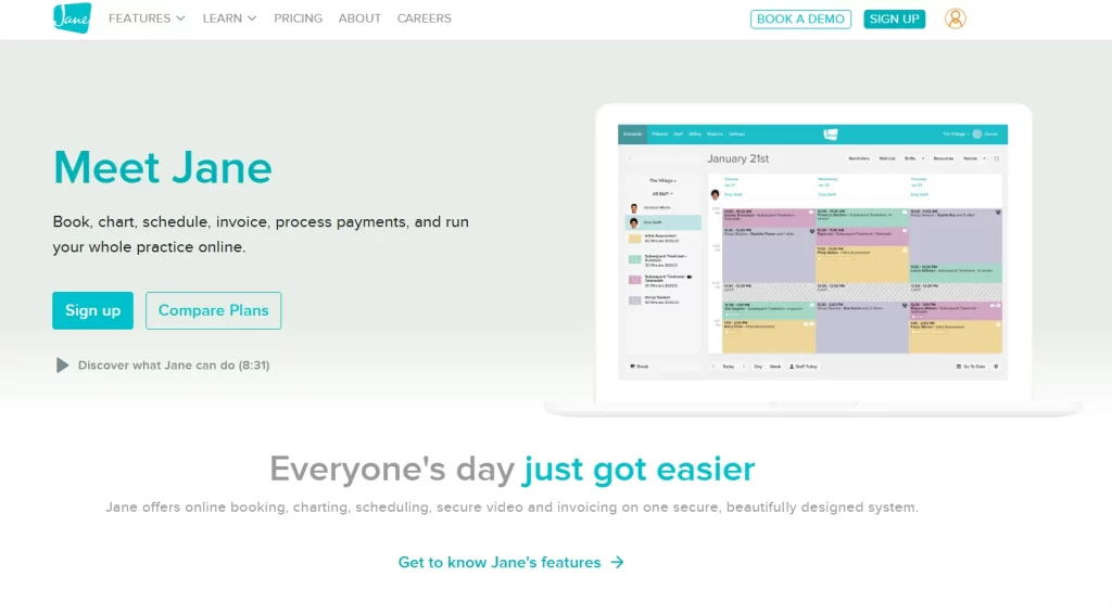 Screenshot of JaneApp's homepage