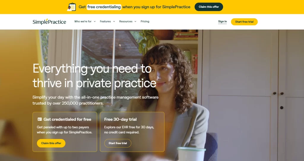 Screenshot of SimplePractice's homepage