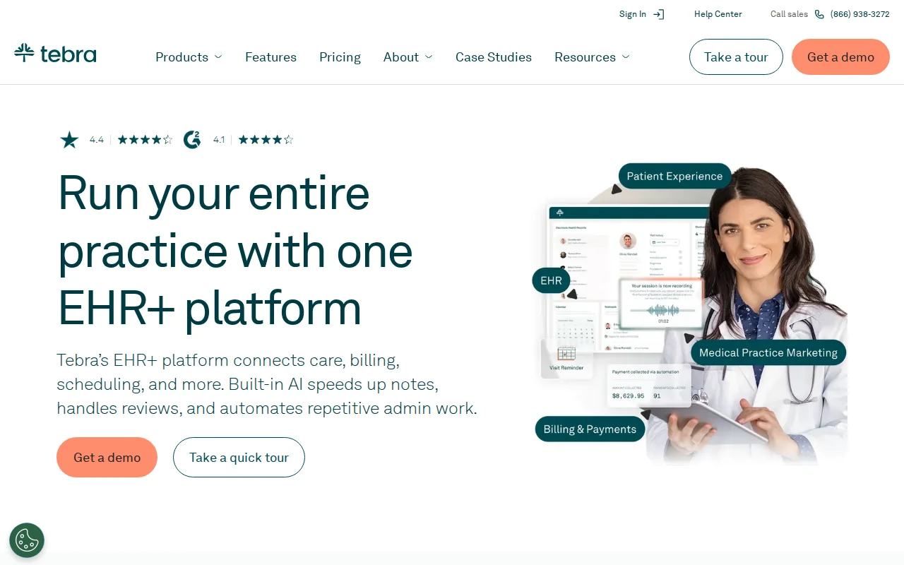 Tebra EHR+ platform homepage showing integrated billing and practice management for independent medical practices