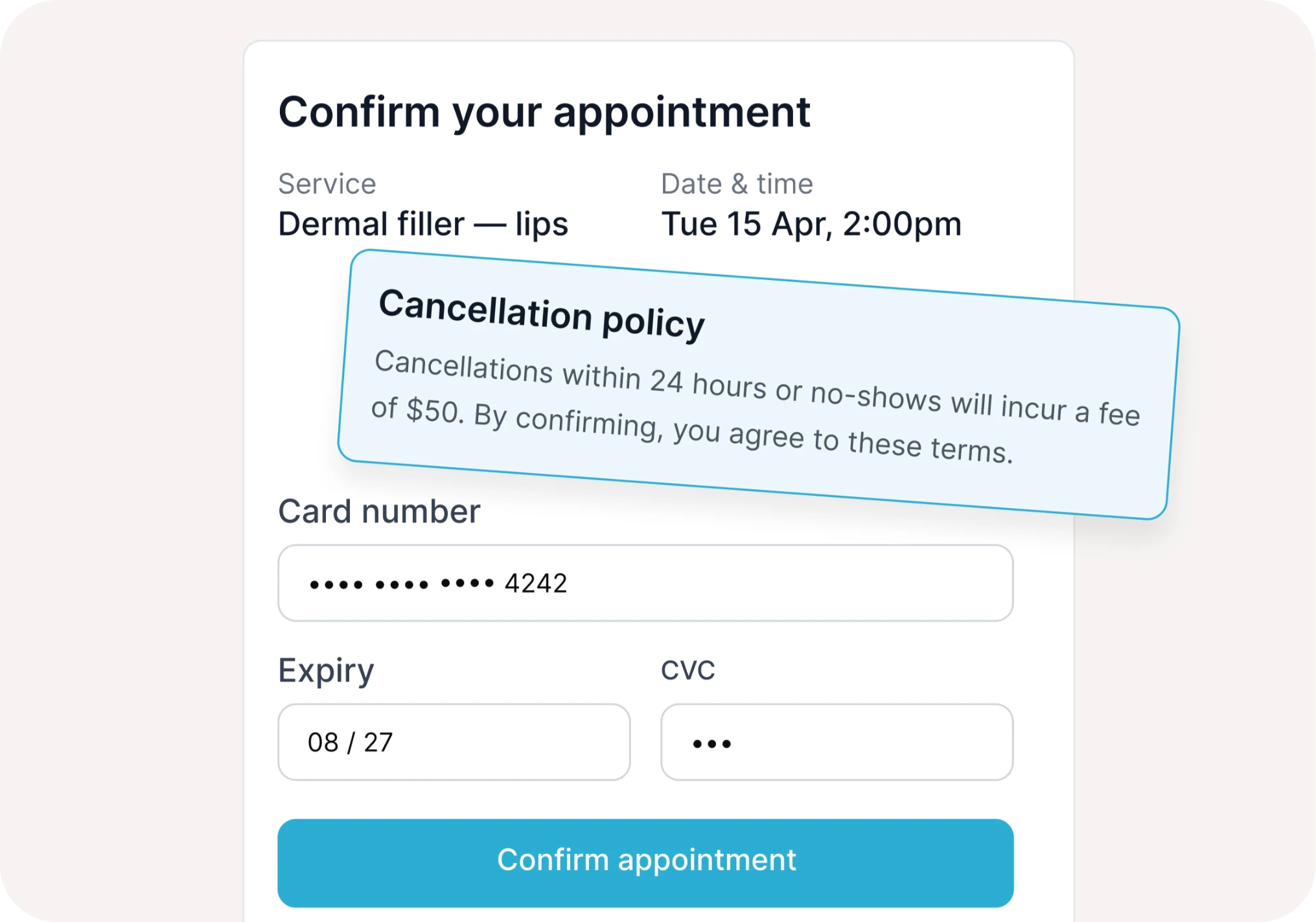 Pabau online booking confirmation screen for a lip filler appointment, showing the cancellation policy and a $50 fee above the card details