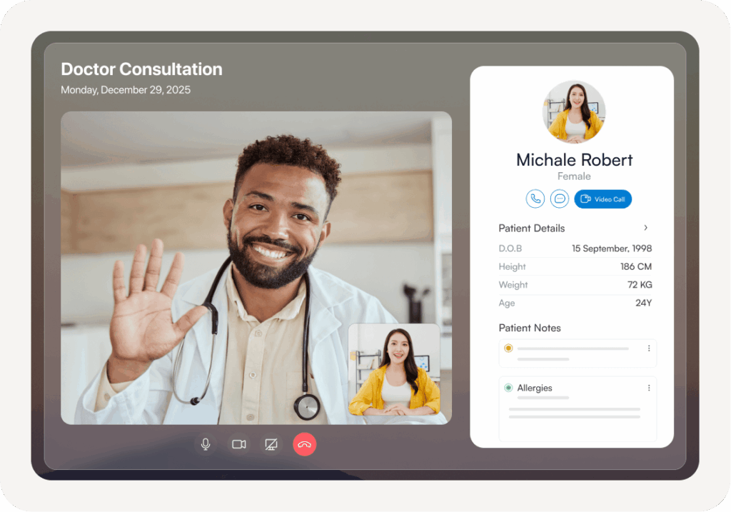 Pabau video consultation screen with the patient's details, notes and allergies panel beside the call