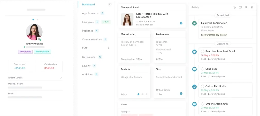 Detailed client record in Pabau showing history and documents