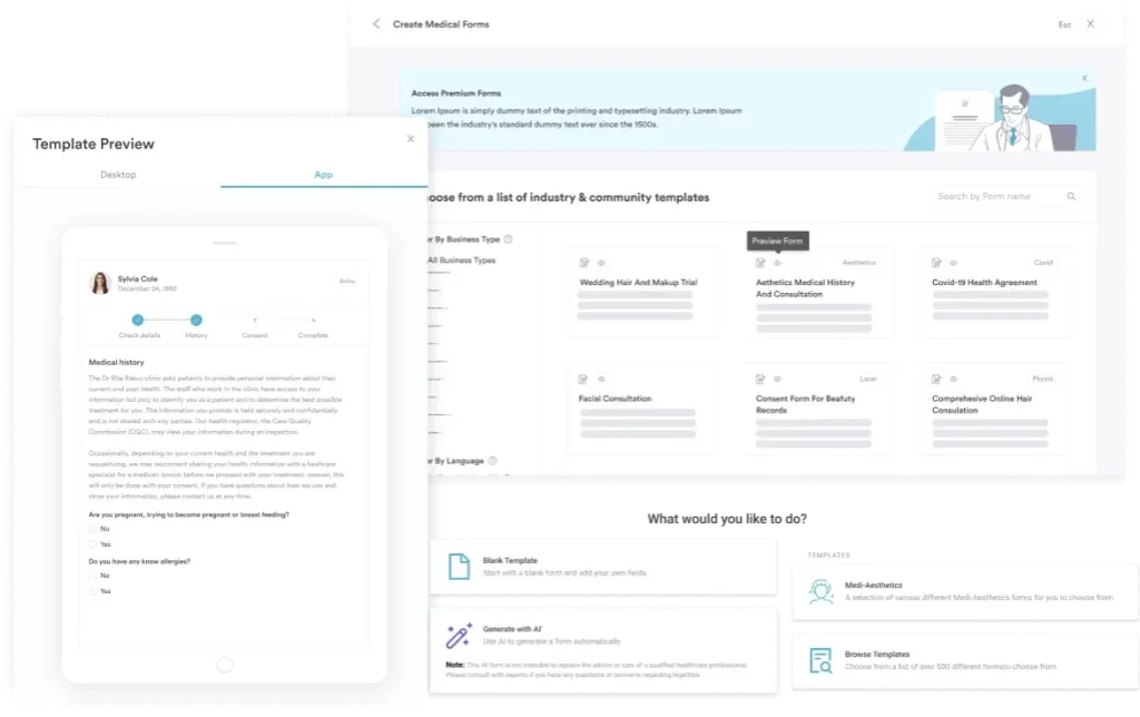 Pabau digital forms library showing form templates and a mobile form preview
