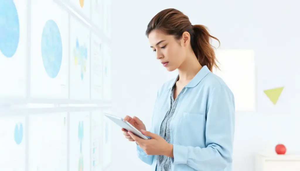 A doctor in a white coat stands holding a digital tablet, writing or tapping on the screen.