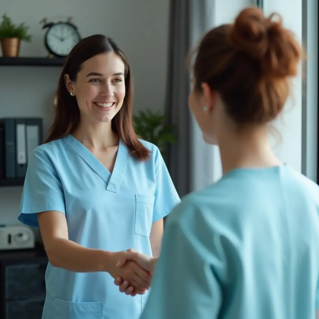 A doctor and patient shake hands in a warmly office, conveying trust and a positive care experience.