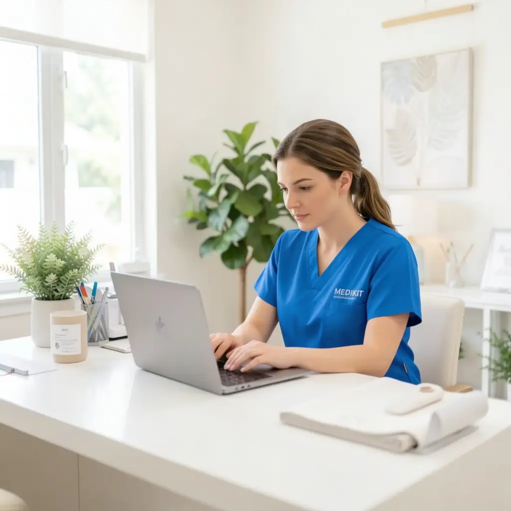 A medical technician in blue scrubs working on a laptop at a clean, modern clinic desk.