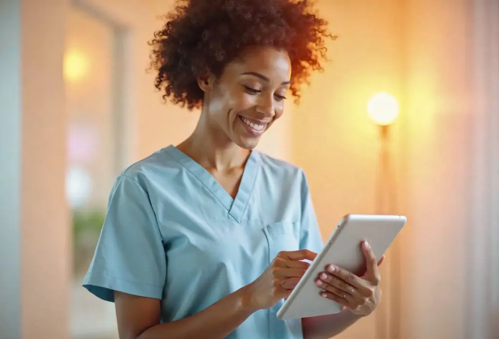 Nurse in blue uniform reviewing patient information and writing on a tablet in a healthcare setting.