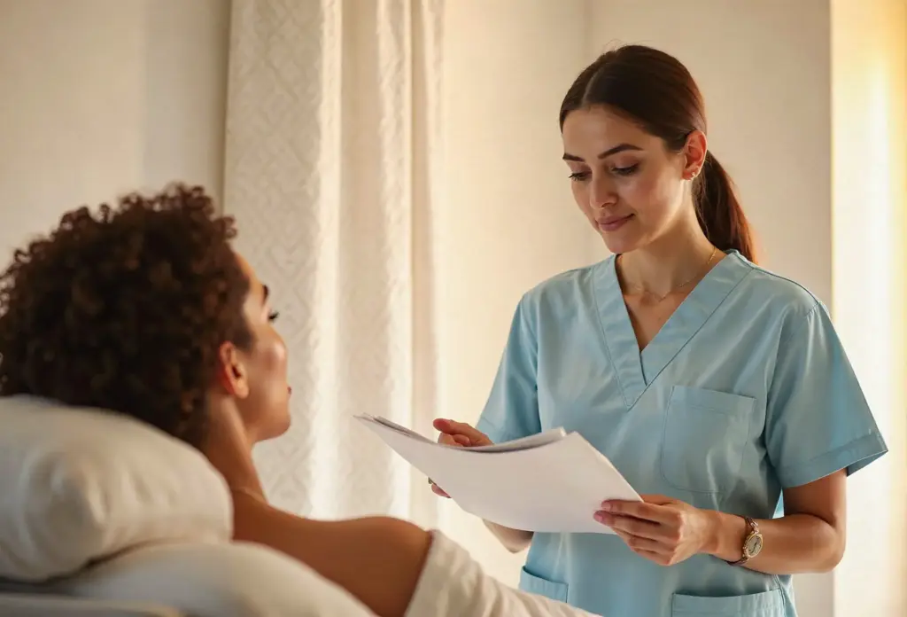 Healthcare worker in a blue uniform assisting a customer during an in-person consultation.
