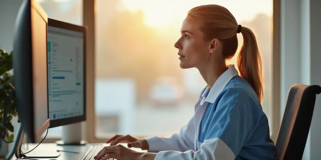 Doctor documenting patient information in an electronic health record (EHR) system on a computer.
