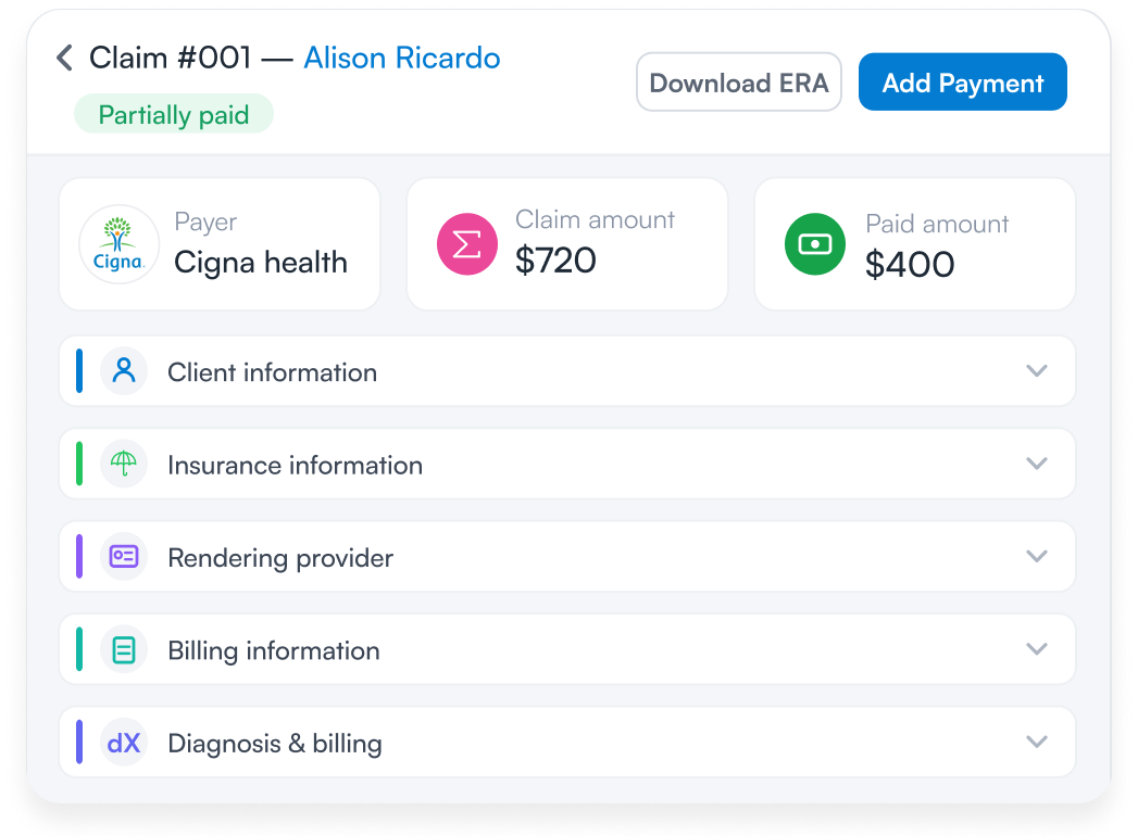 Insurance claims dashboard in Pabau physiotherapy billing software