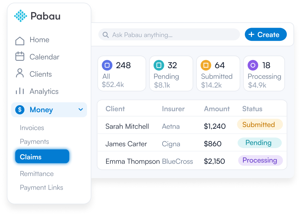 Pabau claims dashboard showing claim totals by status alongside individual claims with insurer, amount and status