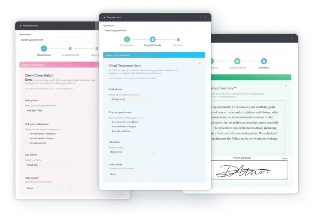 Digital facial intake form in Pabau with multi-step sections and e-signature capture